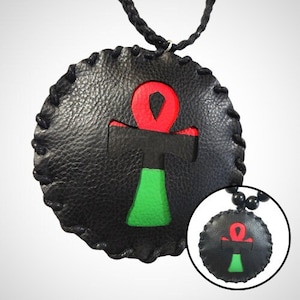 1990s Leather Ankh Medallion - Handbraided Necklace - Beaded Necklace - Afro American Flag