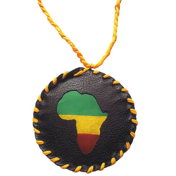1990s Leather Africa Medallion With Yellow Handbraided Necklace