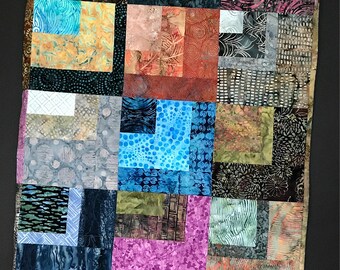 Modern Quilt; "Jackie"; Multi-colors; Squares; Wall Art; Fiber Art; Decorative Wall Decor; Modern Batik; Fabric Art