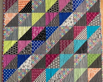 Modern Baby Quilt; "Sean II"; Modern Quilt; Geometric; Triangles; Bright Colors; Baby Gift; Lap Quilt; black and white quilt; Baby Blanket