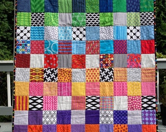 Modern Baby Quilt; "Charity”; Modern Quilt; Geometric; Squares; Bright Colors; Baby Gift; Lap Quilt; Black and White Quilt; Baby Blanket