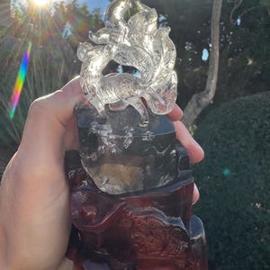 SALE! 9 Tailed Fox carving in Garden Quartz, with custom wooden stand. Incredible detail and clarity.