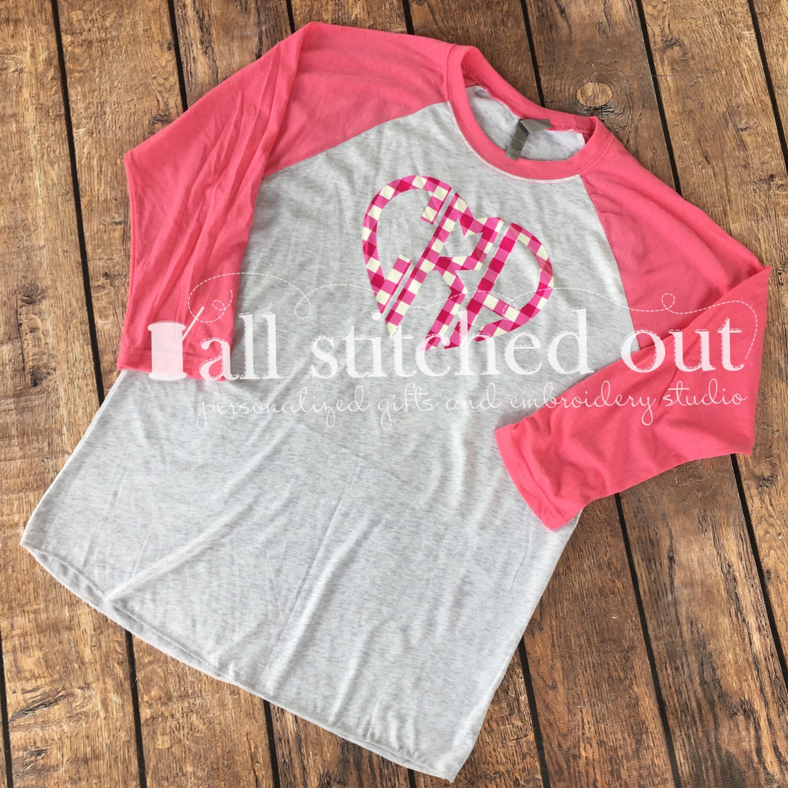Pink 3/4 Sleeve Raglan with Plaid Heart Monogram Spring | Etsy