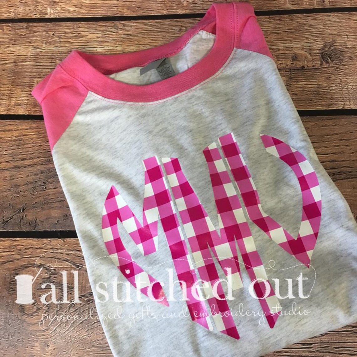 Pink 3/4 Sleeve Raglan with Plaid Heart Monogram Spring | Etsy