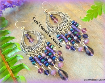 Large Silver Gypsy Earrings; Purple Boho Earrings; Bohemian Earrings; Hippie Bead Earrings; Large Chandelier Earrings; Australian Seller