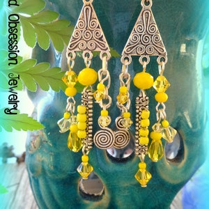 Yellow & Silver Earrings; Bright Boho Earrings; Hippie Chandelier Earrings; Yellow Bead Earrings; Yellow Dangle Earrings; Australian Seller
