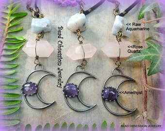 Crescent Moon, Aquamarine, Rose Quartz and Amethyst Car Charm; Talisman Car Decoration Accessory; Gemstone Gift For Her; Australian Seller