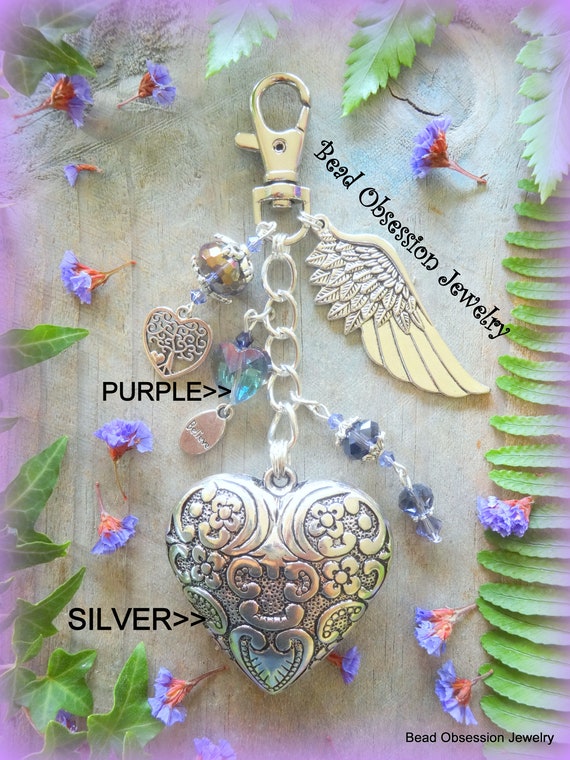 Purple & SILVER Bag Charm Angel Wing Bag Charm Heart Bag 