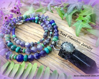 Amethyst & Labradorite Necklace; Purple, Green, Blue, Boho Gemstone Necklace; Long Purple Bohemian Bead Necklace; Australian Seller