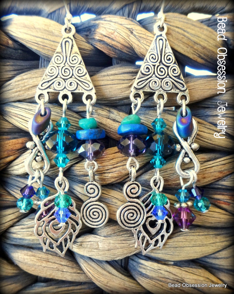 Pendientes de plumas de pavo real de plata Pendientes bohemios pendientes de plumas Pendientes Morados Hippie joyería del festival boho Vendedor australiano imagen 2