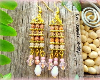 Long Pink & Gold Earrings; Pink Dangle Earrings; Boho Bead Earrings; Pink Crystal Beaded Earrings; Australian Seller