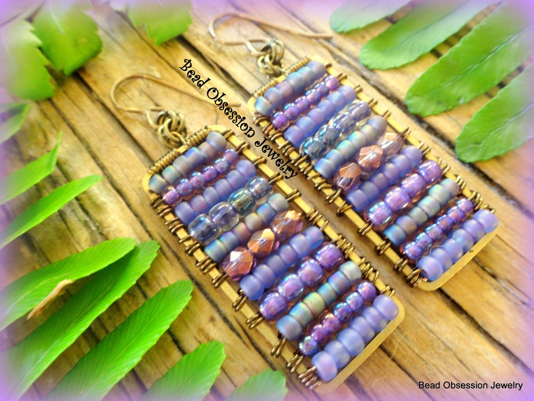 Purple & Brass Earrings Boho Bead Earrings Hippie Beaded Earrings Purple Bohemian Earrings