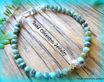 African Turquoise Sterling Silver Bracelet; Sterling Silver Ohm Bead Bracelet; Gemstone Bohemian Bracelet; Yoga Jewellery; Australian Seller