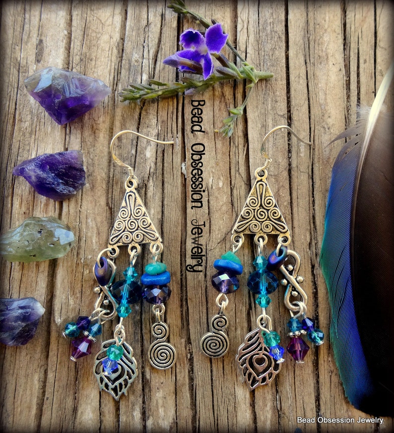 Pendientes de plumas de pavo real de plata Pendientes bohemios pendientes de plumas Pendientes Morados Hippie joyería del festival boho Vendedor australiano imagen 9