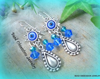 Evil Eye Earrings; Royal Blue & Silver Boho Earrings; Hippie Bead Earrings; Blue Bohemian Earrings; Protection Jewellery; Australian Seller