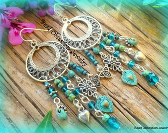 Large Teal Blue & Silver Boho Earrings; Blue Chandelier Earrings; Bohemian Earrings; Gypsy Earrings; Hippie Earrings; Australian Seller