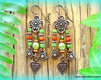 Boho Bead Earrings; Orange, Green & Copper Earrings; Earthy Hippie Earrings; Copper Bohemian Earrings; Australian Seller