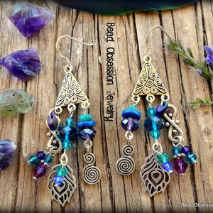 Pendientes de plumas de pavo real de plata Pendientes bohemios pendientes de plumas Pendientes Morados Hippie joyería del festival boho Vendedor australiano imagen 6