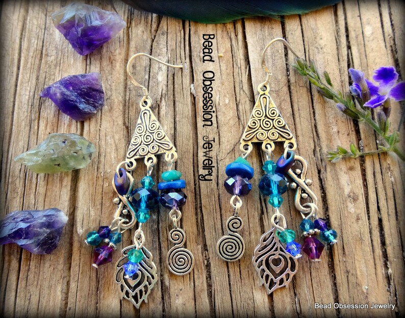 Pendientes de plumas de pavo real de plata Pendientes bohemios pendientes de plumas Pendientes Morados Hippie joyería del festival boho Vendedor australiano imagen 6