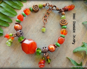 Carnelian Bracelet; Orange Boho Bracelet; Orange, Green, Copper Bohemian Bracelet; Gemstone Bracelet; Carnelian Jewellery; Australian Seller