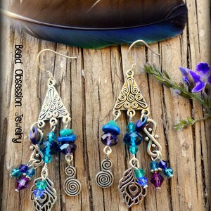 Silver Peacock Feather Earrings Boho Earrings Feather Earrings Purple Hippie Earrings Bohemian Festival Jewelry Australian Seller image 4