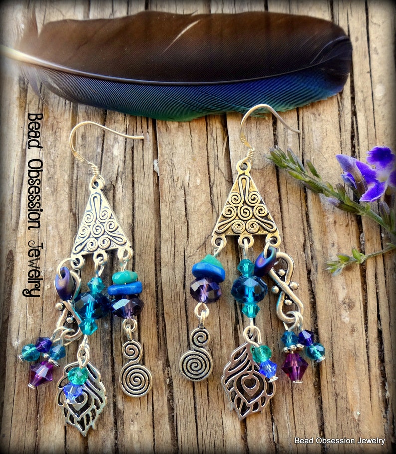 Silver Peacock Feather Earrings Boho Earrings Feather Earrings Purple Hippie Earrings Bohemian Festival Jewelry Australian Seller image 4