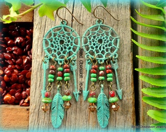 Dreamcatcher Earrings; Earthy Boho Earrings; Long Bohemian Blue Patina Earrings; Green, Dark Red, Brown & Bronze Earrings; Australian Seller
