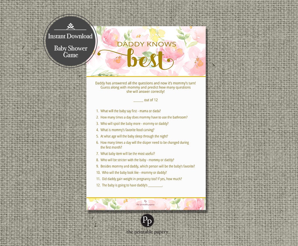 Printable Daddy Knows Best Baby Shower Game Watercolor Floral Printable Daddy Knows Best Baby Shower Game Watercolor Floral
