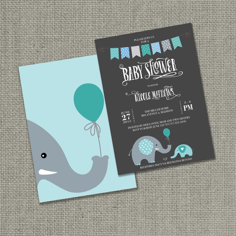 Printable Baby Shower Invitation Card Elephants Balloon | Etsy