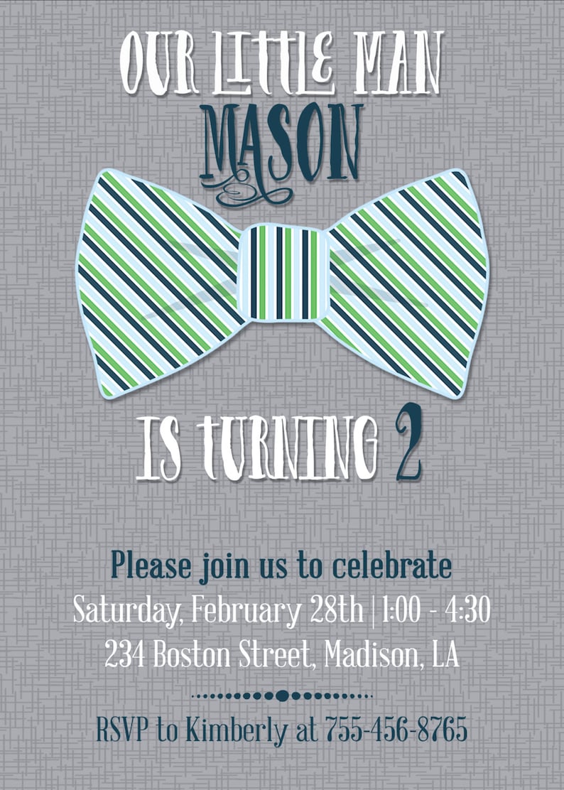 Printable Boy Birthday Invitation Card |Our Little Man| Bow Tie Design OLM-145 Gray Blue Green| Customize DIY No