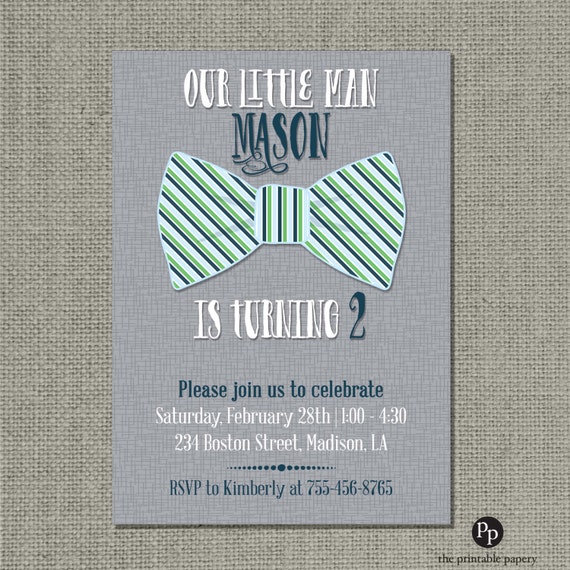 Printable Boy Birthday Invitation Card |Our Little Man| Bow Tie Design OLM-145 Gray Blue Green| Customize DIY No