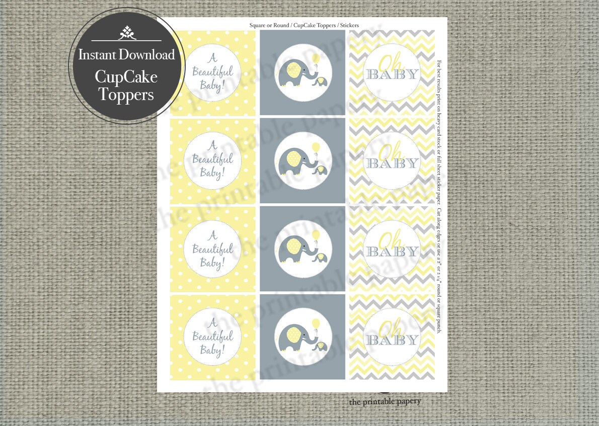 Baby Shower Elephant Cupcake Toppers Baby Shower Yellow Gray Baby Shower Elephant Cupcake Toppers Baby Shower Yellow Gray