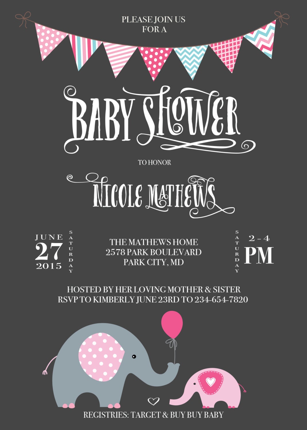 Printable Baby Shower Invitation Card | Digital Download | Elephants Balloon Design | Chalkboard ...