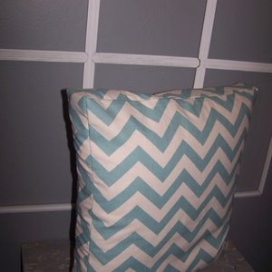 May include: A teal and white chevron patterned throw pillow. The pillow is on a gray surface.