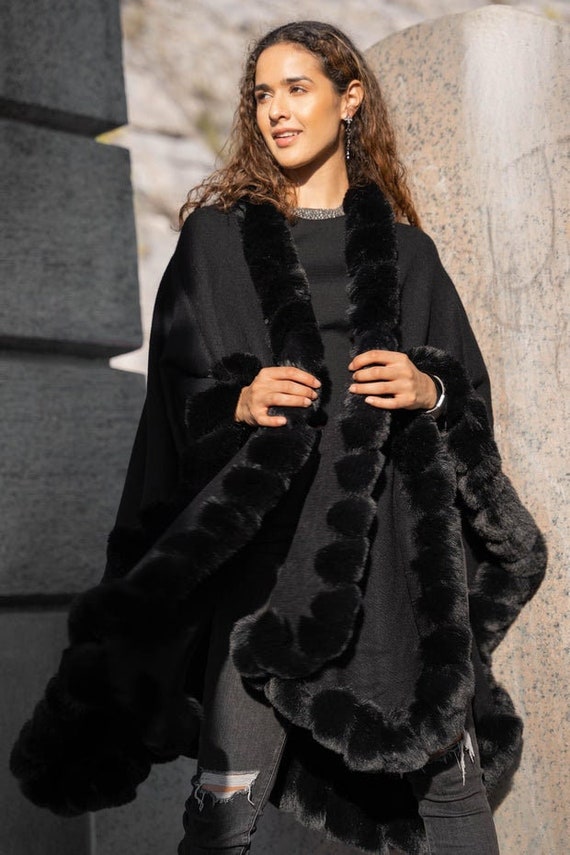 Faux Fur Cape cape capes cashmere Capes cashmere Cape With Fur Trim ruana poncho coat fur Cape fur Capes for Women caplet faux Fur cashmere Etsy