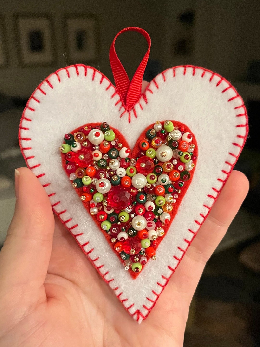 White Beaded Heart Ornament Etsy