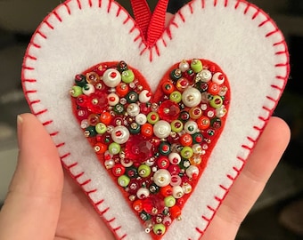 White Beaded Heart Ornament