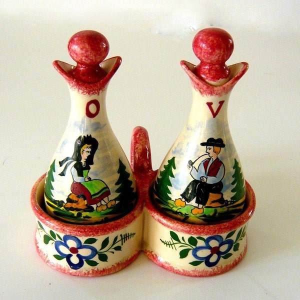 Vintage French Oil & Vinegar Cruet Set with Caddy Desvres France Hand Painted C45