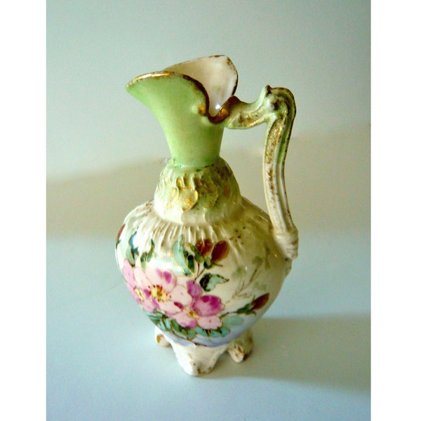 Antique Porcelain Pitcher Ewer With Handle and Footed Bottom