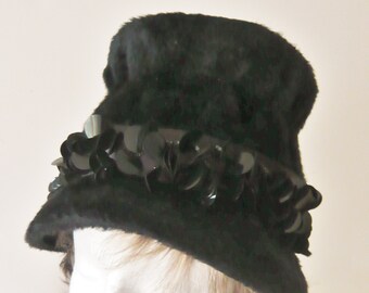 Vintage Marche Exclusive Navy Blue Velour Beaded Hat from the 1960s