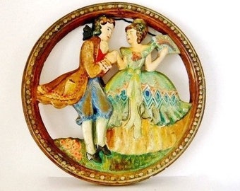 Vintage Chalkware Wall Hanging Colonial Figures Signed and Dated 1947