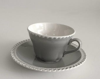 Harkerware Cup and Saucer Pate sur Pate Pottery - Grey with White Rope Edge