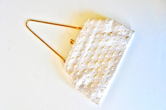 White Satin Beaded Evening Bag Wedding Purse Vint… - image 1