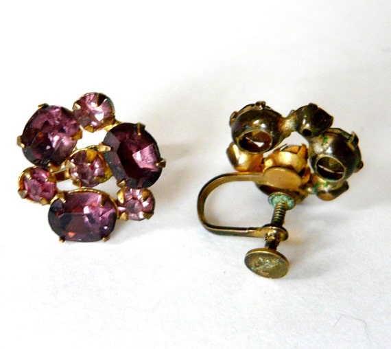 Vintage Lisner Purple Rhinestone Earrings  Gold T… - image 1