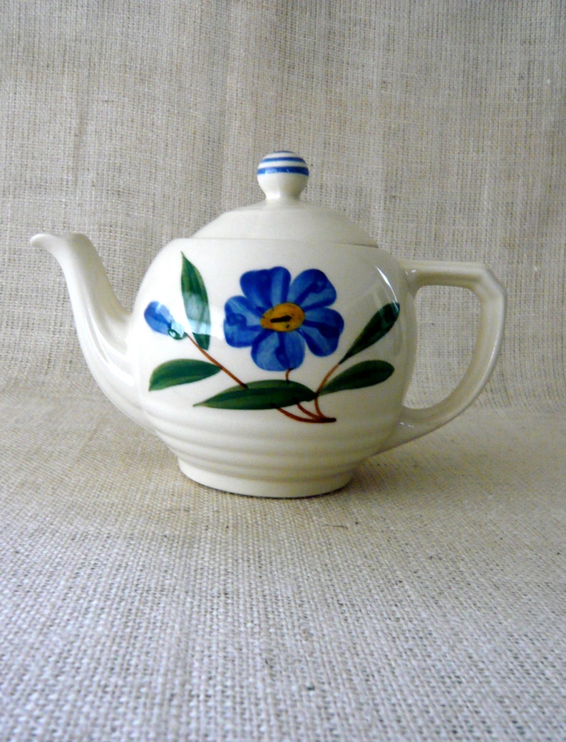 SHAWNEE Ceramic Teapot USA Hand Painted Spring Floral Blue Etsy