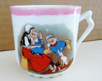 Antique German Child's China Cup - with Pink Rim & Mother, Children and Rabbit Family On Front