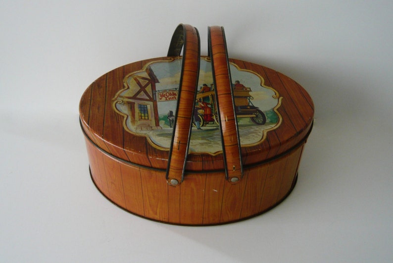 Vintage Tin Handled Sewing Box With Stagecoach Scenario Wood Etsy