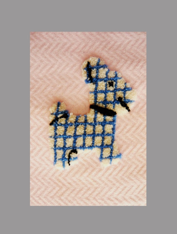 Vintage Baby Crib Blanket Pink  With Hand Hooked Scottie Dog Appliqued in Center