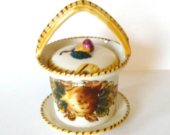 Nasco Condiment Pot Hand Painted with Lid, Handle and Attached Plate