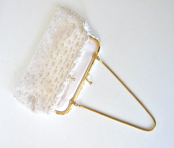 White Satin Beaded Evening Bag Wedding Purse Vint… - image 3